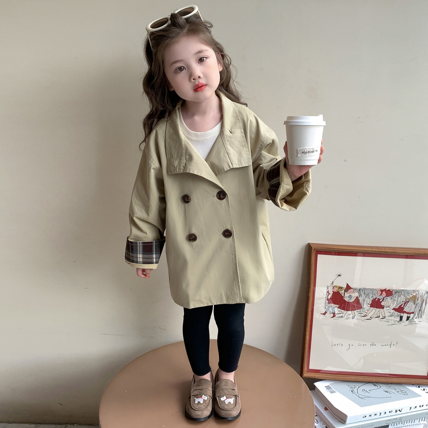 女童2025春秋季新款格纹袖口风衣外套卡其色女宝宝韩版时髦洋气潮