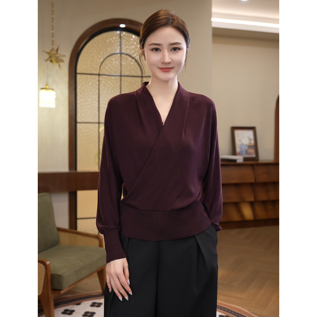 现货2025秋季新款【7876】莱赛尔天丝长袖女装紫色韵味v领针织上衣