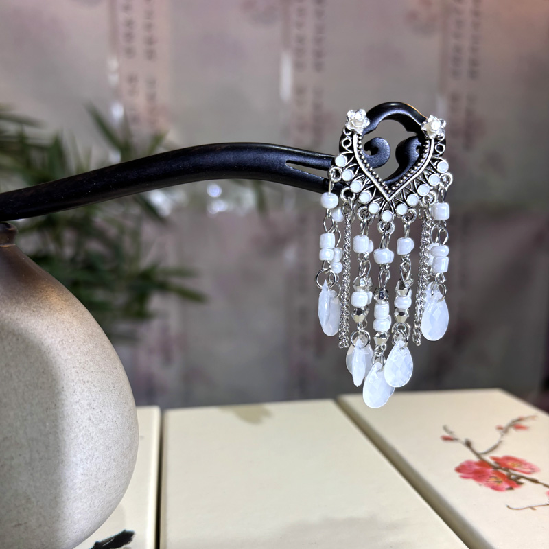 黑檀木发簪18cm双面【心摇】新中式古风国风日常步摇旗袍盘发簪配饰