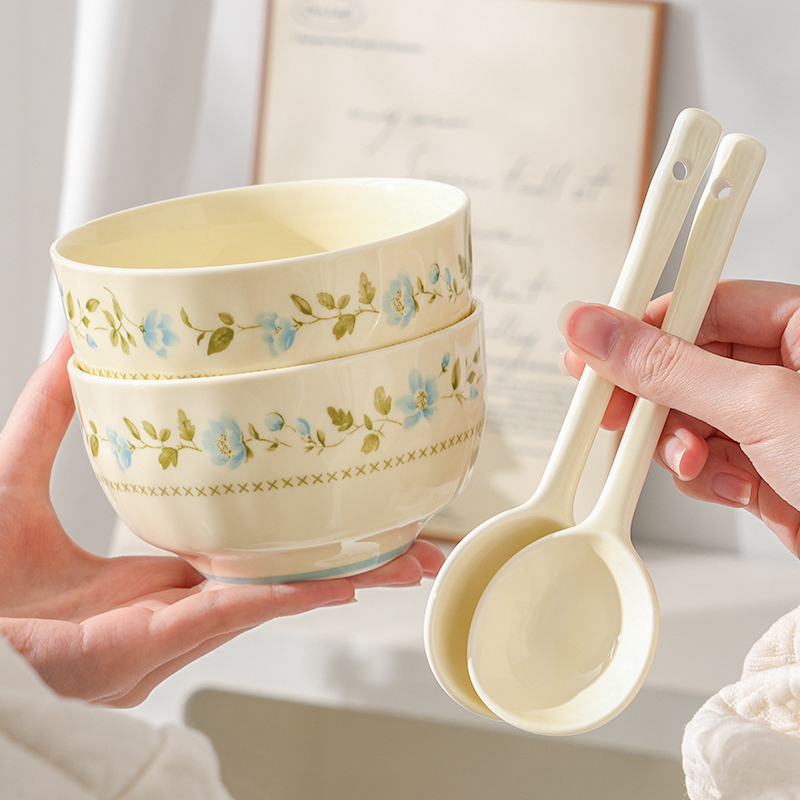 【2碗2勺】兰铃花陶瓷碗釉下彩米饭碗勺家用碗套装勺饭碗可爱餐具
