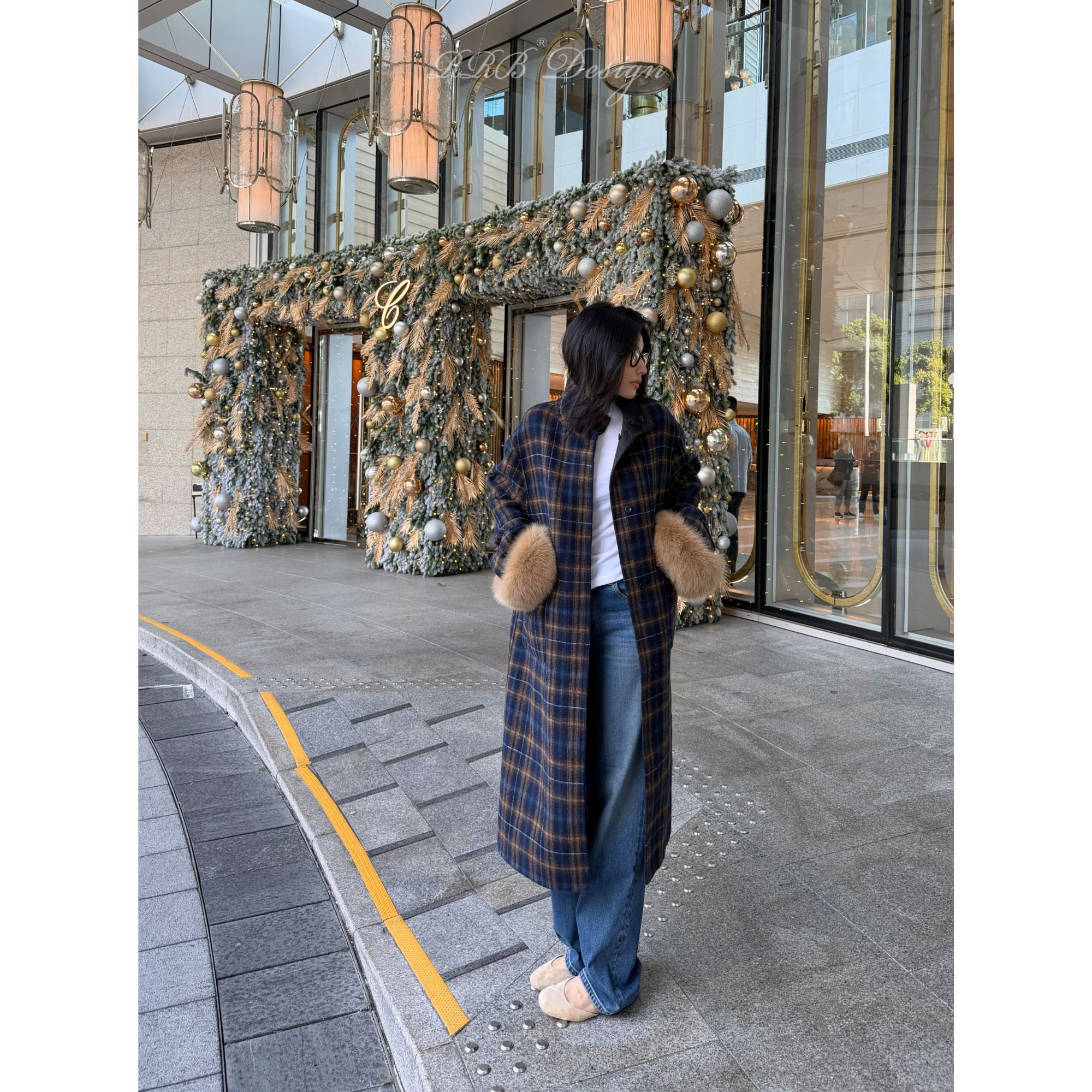 RRB Design 两面穿绵羊毛混纺宽松显瘦立领可拆狐狸毛格纹大衣