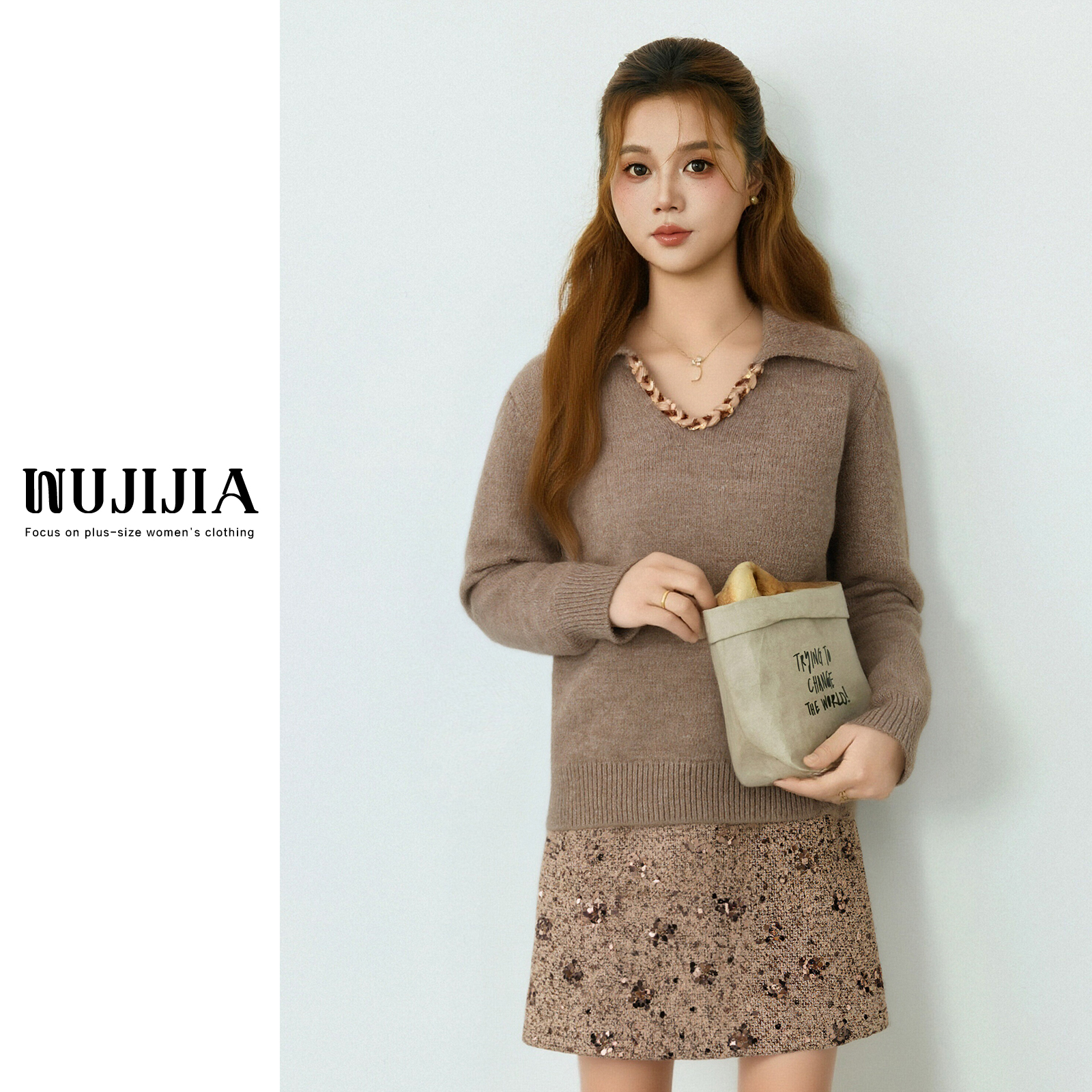 五季家秋冬韩系时尚V领套装咖色上衣+短裙两件套ZL113778