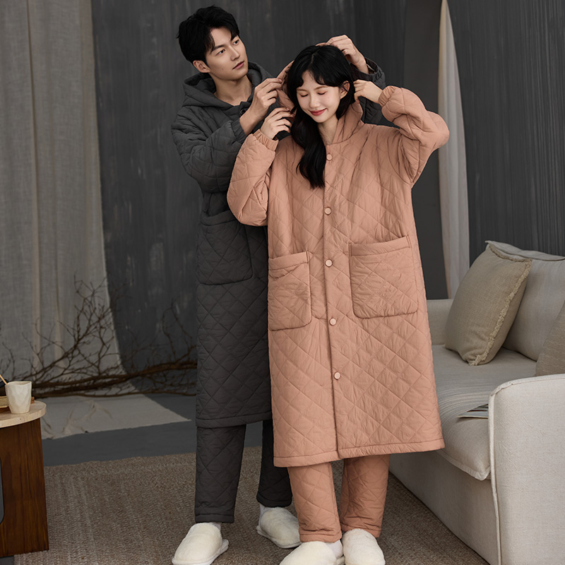 【防风防水】灰色情侣梭织夹棉睡衣女冬三层加厚睡袍保暖冬天家居服