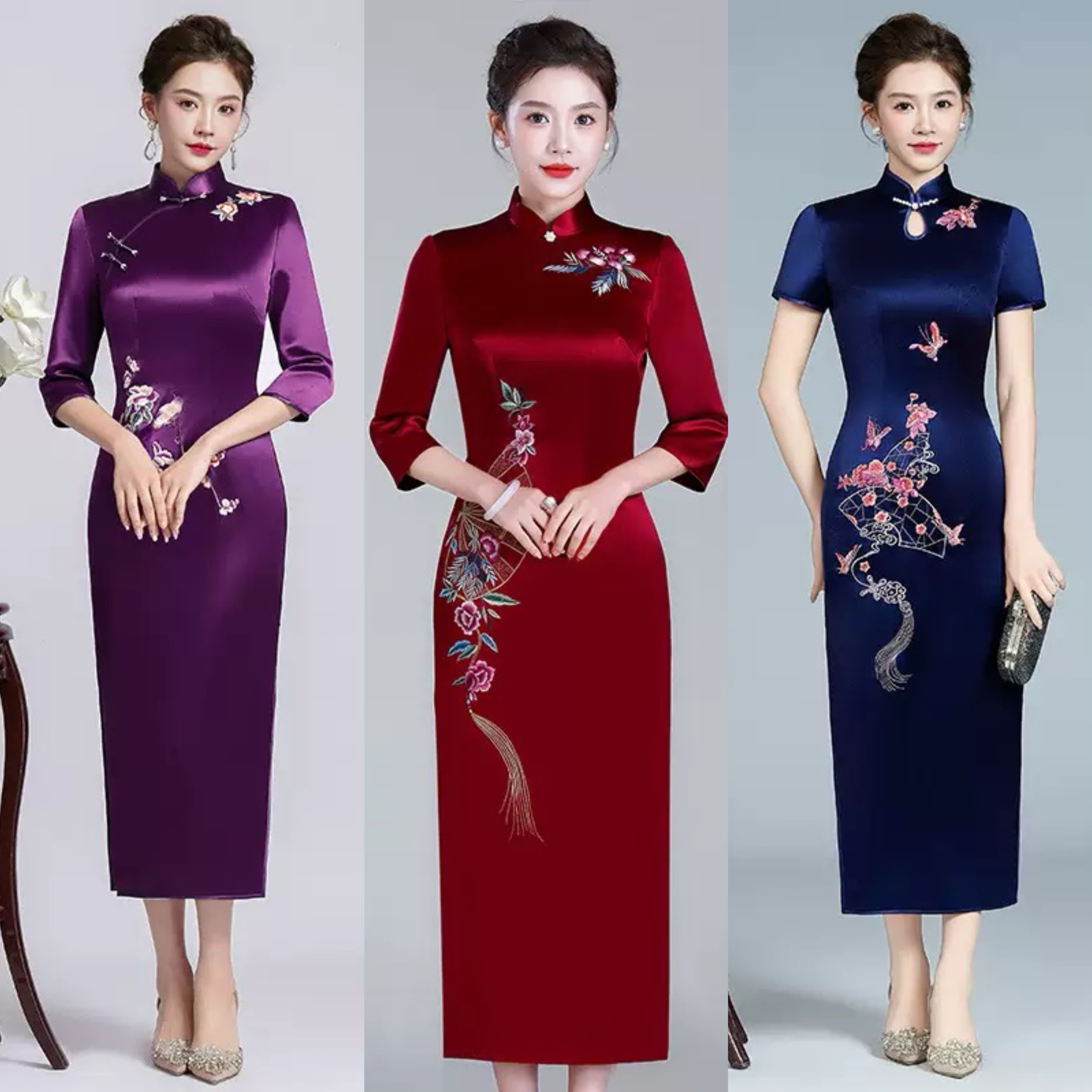 【正品苏绣】高端三醋酸刺绣修身旗袍喜妈妈喜婆婆婚宴连衣裙礼服L