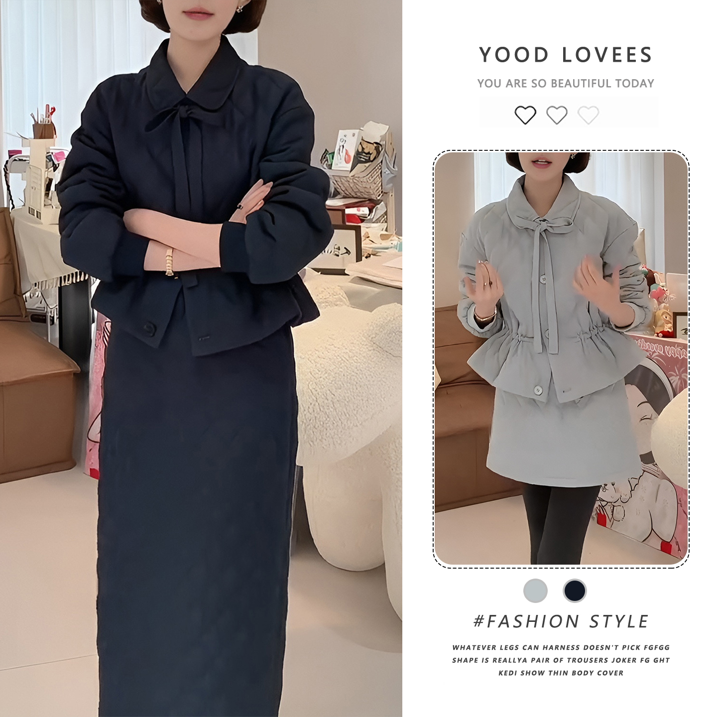 时尚套装女2025冬季新款时髦洋气蝴蝶结翻领棉衣外套半身裙两件套