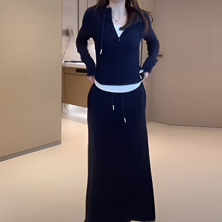 时尚休闲减龄套装女2025春秋季新款假两件连帽卫衣女半身裙两件套