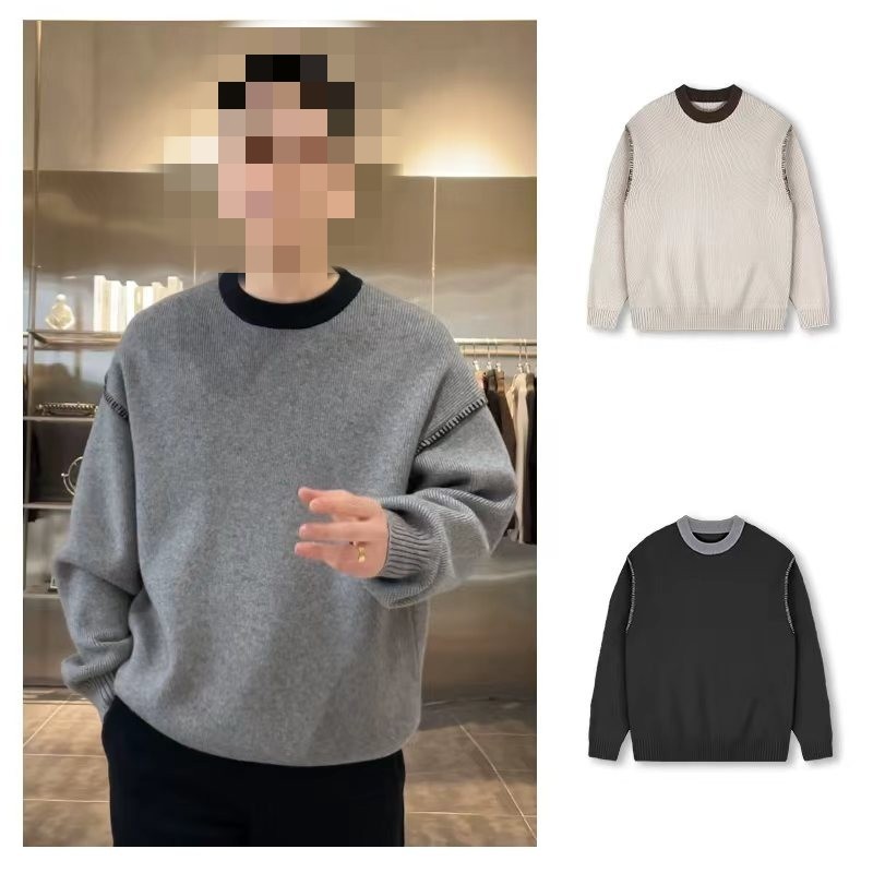 【冬季针织时尚撞色明线圆领毛衣】男女同款圆领保暖长袖毛衣