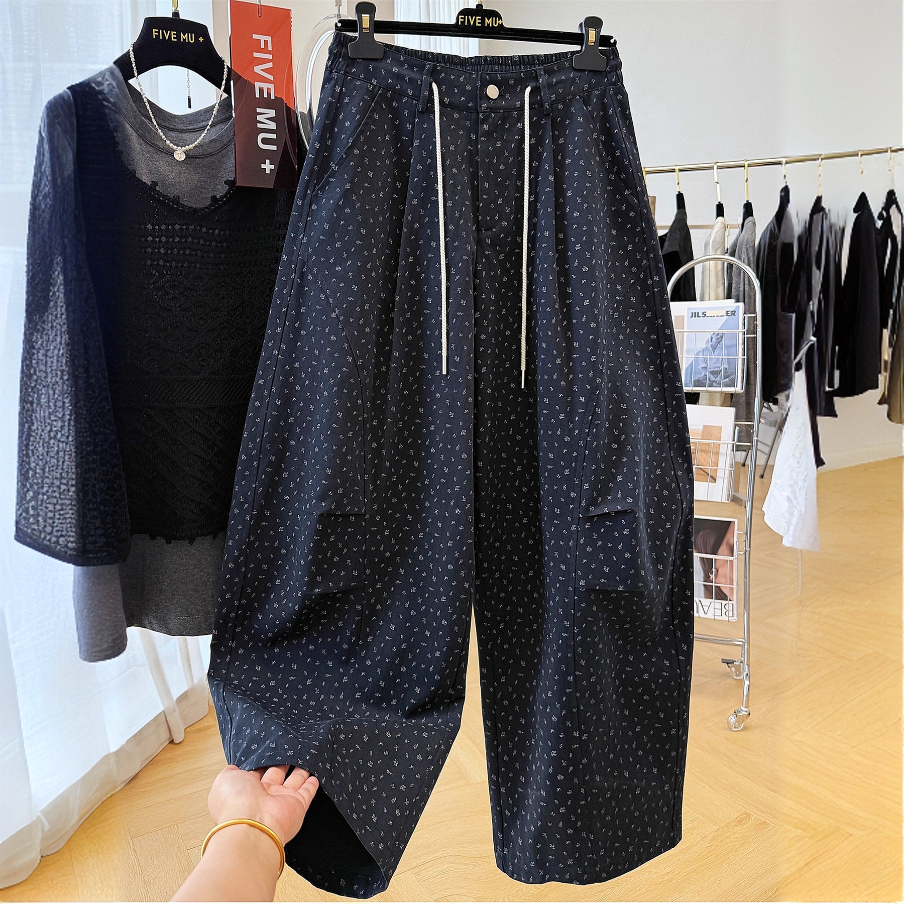 韩系独特设计感小碎花高腰休闲裤女秋季工装裤弯刀裤显瘦长裤子