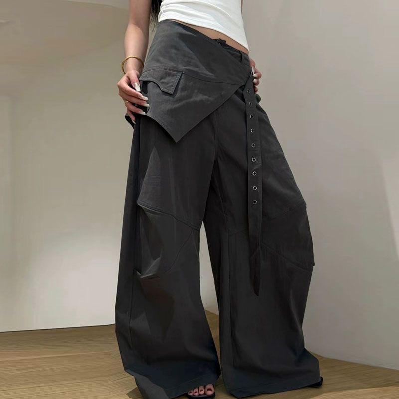 2025夏季美式复古屁帘搭扣绑带两件套宽松休闲拖地工装阔腿裤女潮