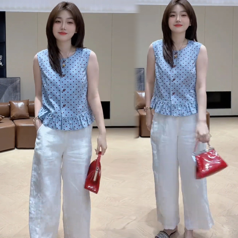 时尚套装女宽松夏季新款法式波点无袖衬衫上衣九分阔腿裤两件套