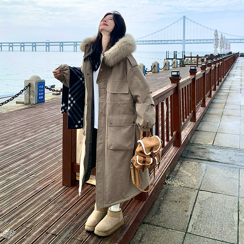 韩版加厚中长款派克棉服大衣女2025冬季新款连帽棉衣加绒工装棉袄