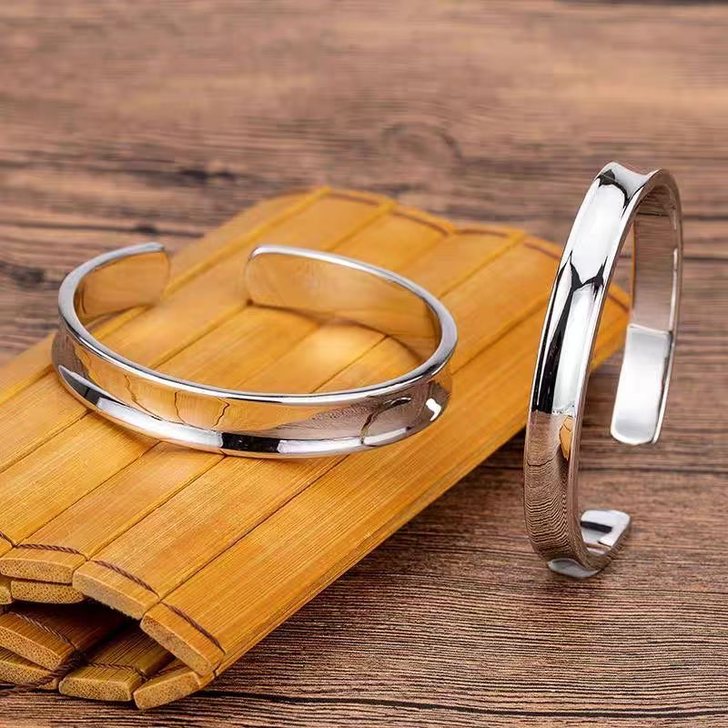 足银999纯银手镯凹面光面素圈手镯纪念日生日送母亲女友礼