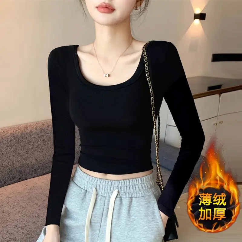 黑色圆领一体绒打底衫女秋冬加绒加厚保暖内搭露脐短款长袖上衣