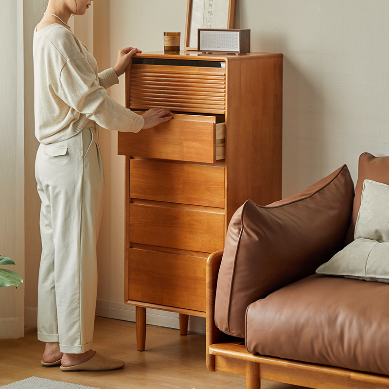 全实木斗柜樱桃木色夹缝柜日式床边柜家用窄柜木质简约五斗柜抽屉