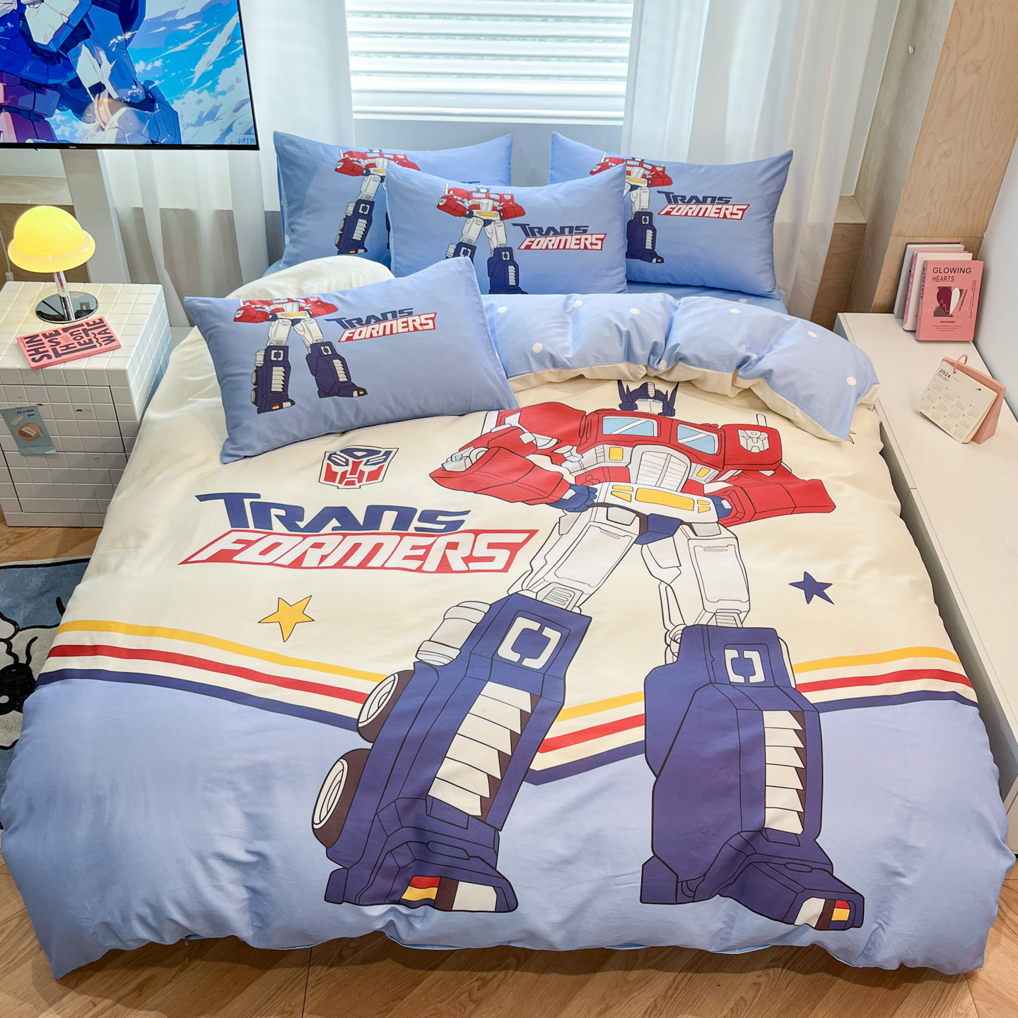 擎天柱全棉四件套儿童卡通纯棉被套床单床笠男孩学生宿舍变形金刚