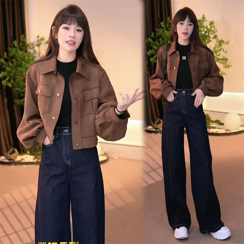 时尚麂皮绒短外套女2025秋季新款减龄小个子百搭翻领夹克上衣8889