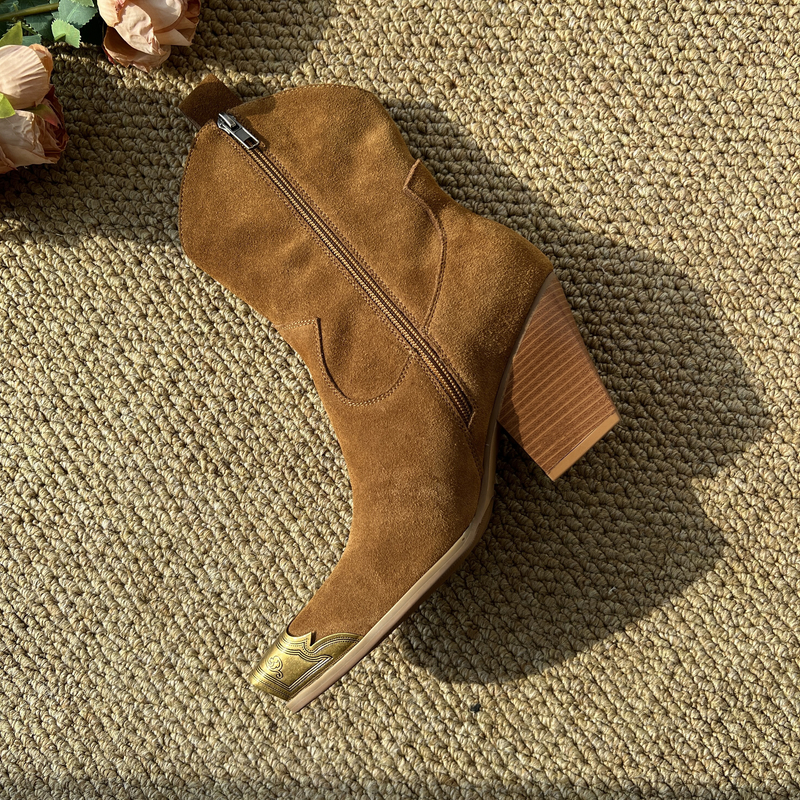 高跟短靴女欧美复古真皮粗跟西部牛仔靴秋冬高跟鞋MT1974棕色靴子