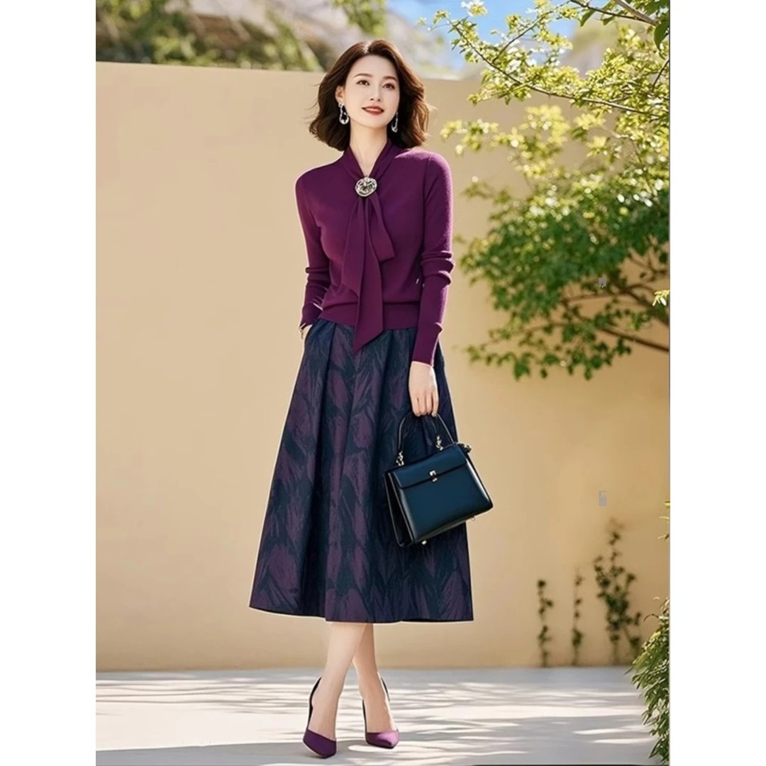 蔻菲图2025秋季新款紫色针织套装女飘带上衣印花半身裙两件套正品