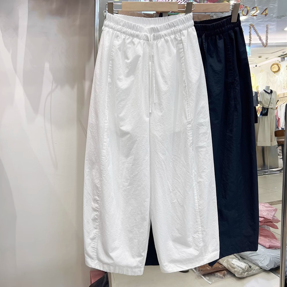 欧货松紧腰宽松显瘦休闲裤女夏季极简风薄款直筒裤纯色阔腿九分裤