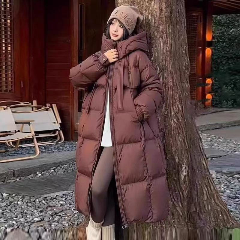 811中长款连帽宽松加厚女士棉衣外套过膝长款百搭休闲保暖