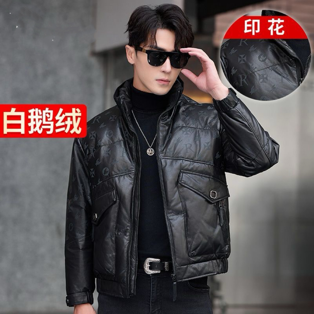 真皮鹅绒服男山羊皮立领面包服海宁冬季加厚潮男皮衣外套