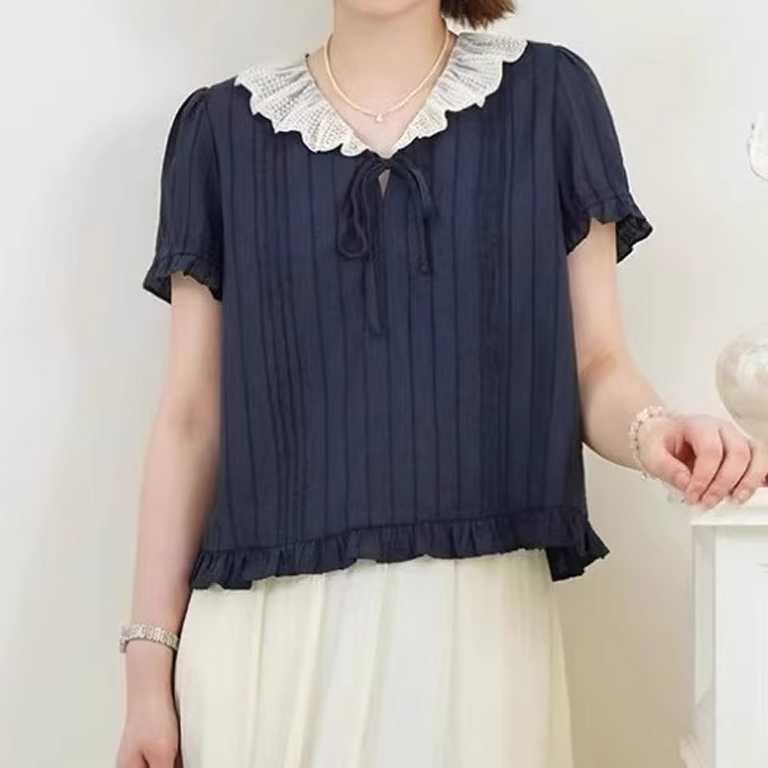 显瘦甜美减龄宽松上衣夏季薄款胖MM大码女装韩系娃娃领短袖衬衫女