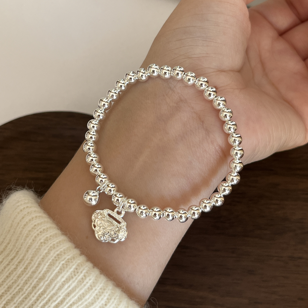 925银手链 s925纯银圆珠手链女手工串珠平安锁光珠手串