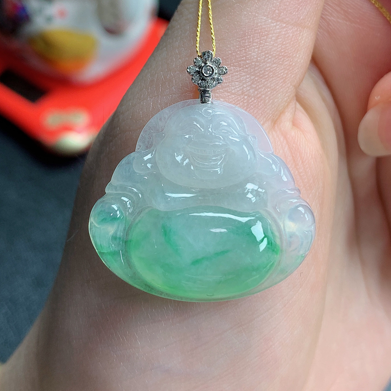 肚里藏金佛公吊坠 缅甸A货翡翠18k金飘阳绿大肚佛挂件女款玉坠