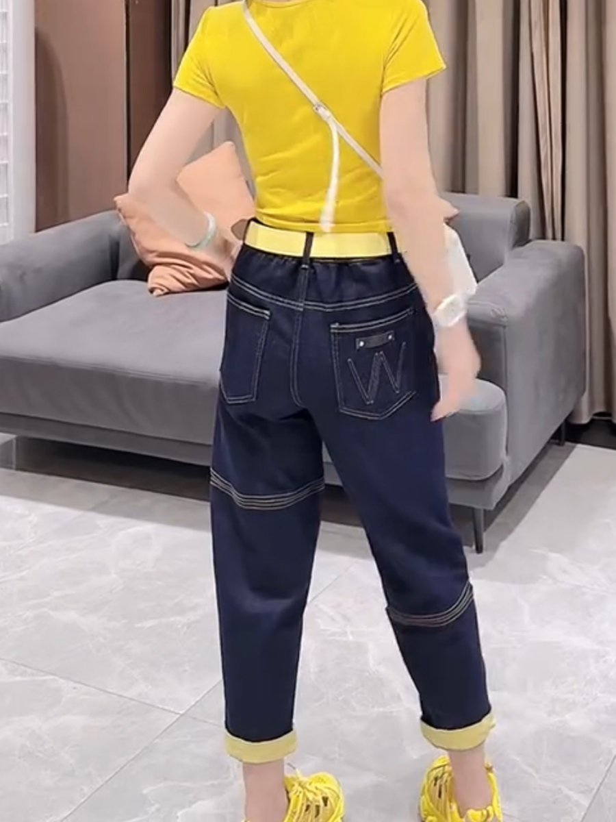 2025秋季新款高腰哈伦裤女翻边大码牛仔裤弹力显瘦拼接老爹九分裤