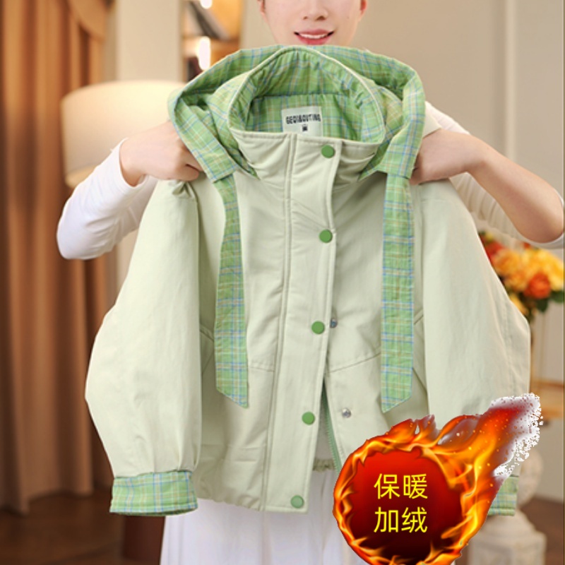 女童加绒外套2025新款秋冬加厚连帽拼接棉服加棉格子拼色棉衣潮