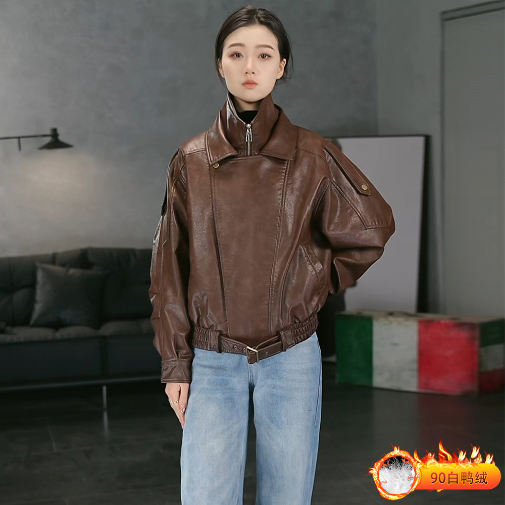 羽绒皮衣外套女短款2025冬季新款宽松酷飒机车风双层领保暖皮夹克