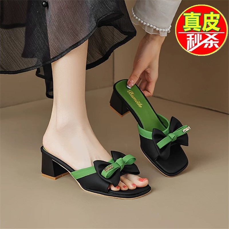 品牌断码法式拖鞋女夏新款外穿粗跟一字带半拖蝴蝶结真皮配裙凉拖