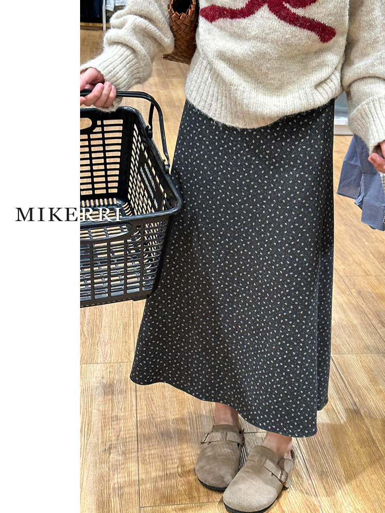 灰色碎花毛呢半身裙女秋冬小个子显瘦中长款a字伞裙子