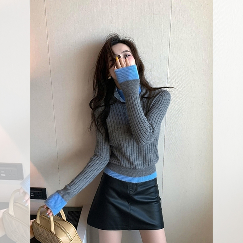 设计小众内搭灰色假两件翻领针织衫毛衣打底衫洋气高贵上衣女秋冬