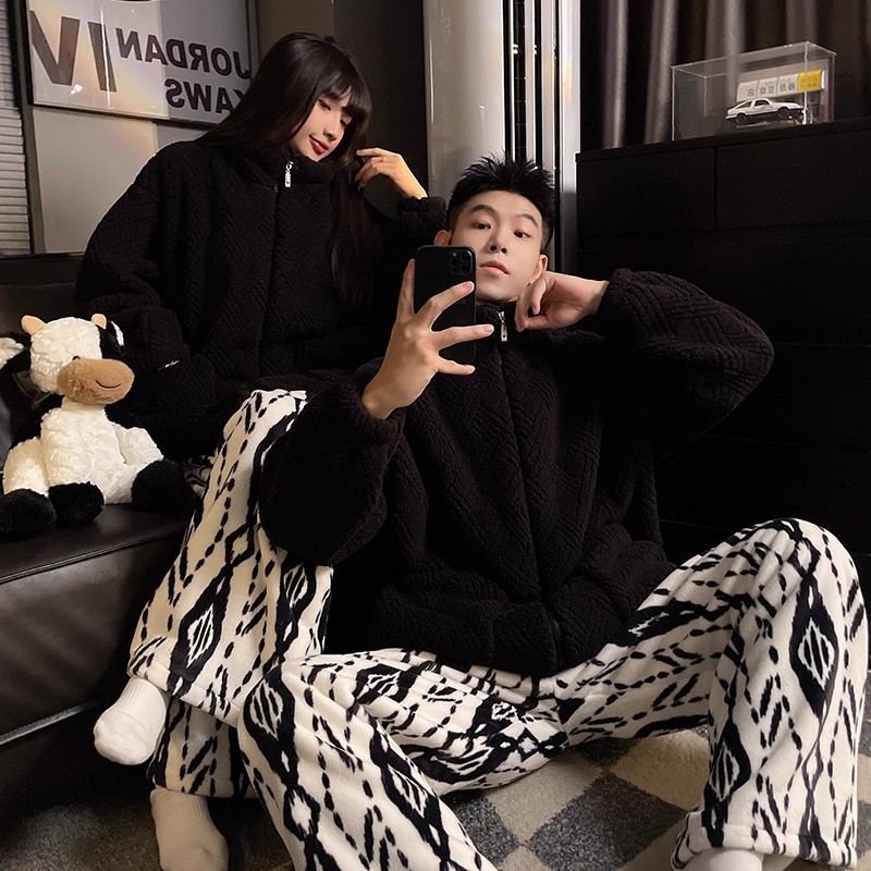 可外穿冬季珊瑚绒情侣睡衣女加绒加厚保暖男士大码家居服套装冬天