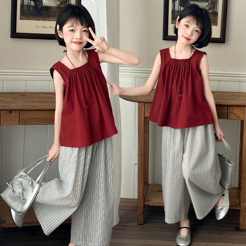 女童夏季套装6-12中大童休闲时尚无袖阔腿裤两件6-12岁女童套装