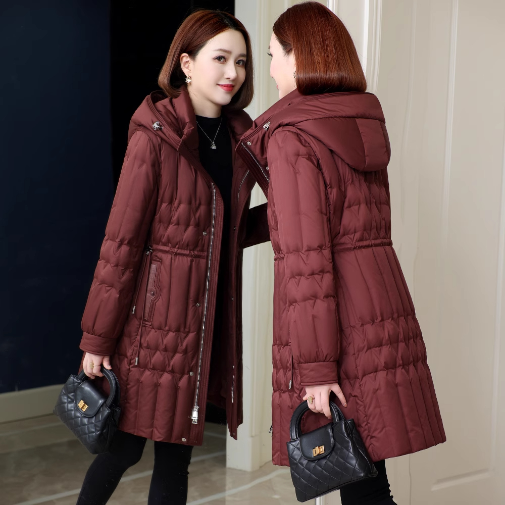 羽绒服女2025年冬季新款时尚连帽收腰显瘦中长款防寒鹅绒外套