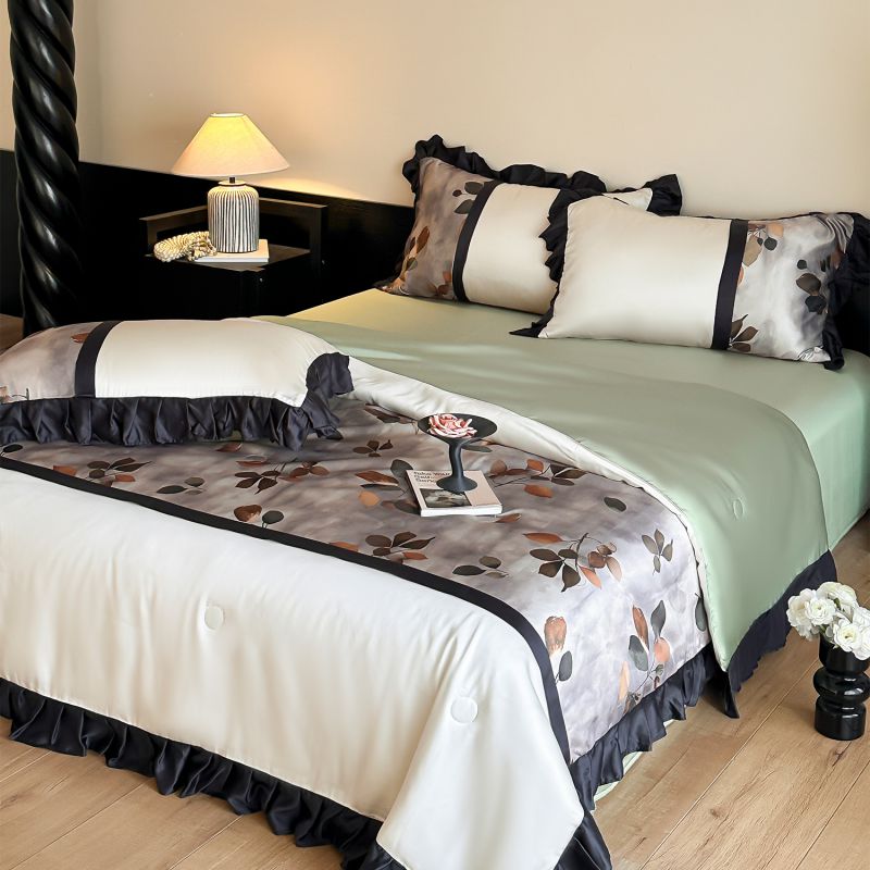 法式复古夏凉被四件套凉感印花空调被可机洗冰丝薄被夏天丝滑薄被