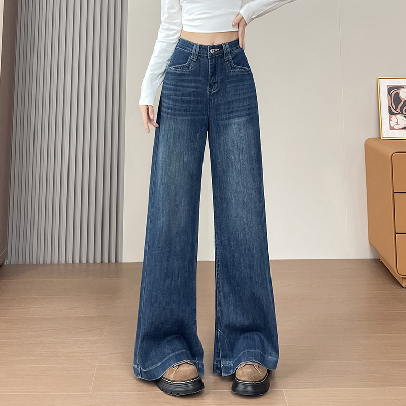 大码美式复古垂感显高裤子显瘦阔腿牛仔裤复古秋季高弹高腰长裤冬