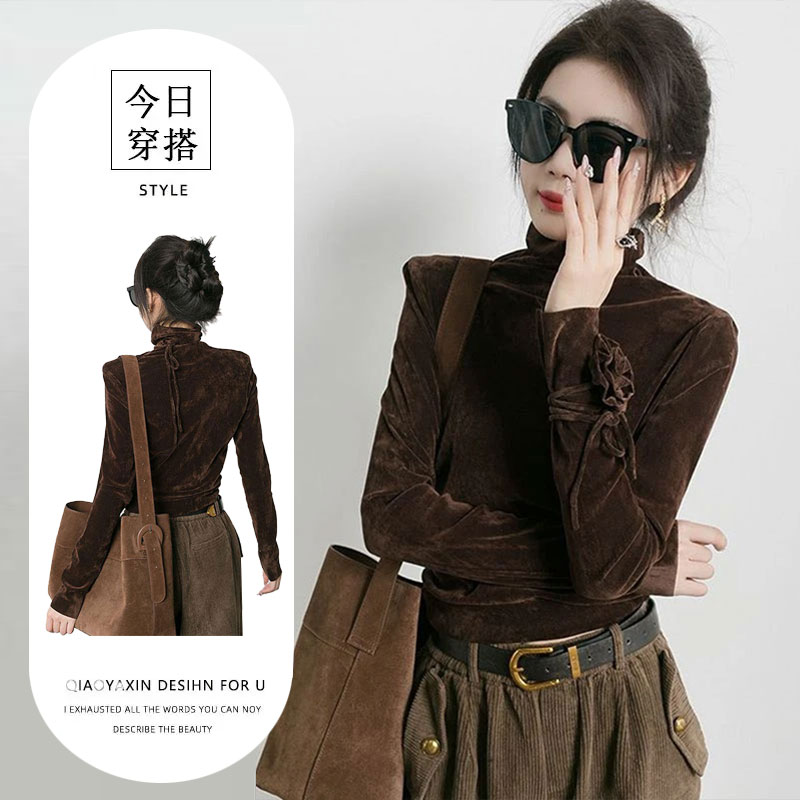 高端轻奢复古丝绒T恤秋冬今年流行的漂亮立体花朵长袖打底衫上衣