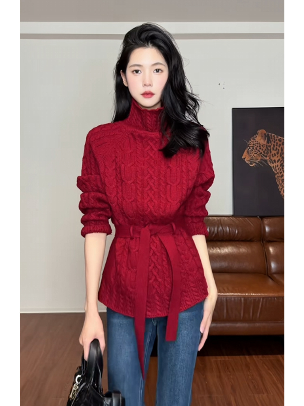 圣诞节穿搭红色高领套头麻花毛衣女秋冬慵懒风收腰绑带针织衫上衣