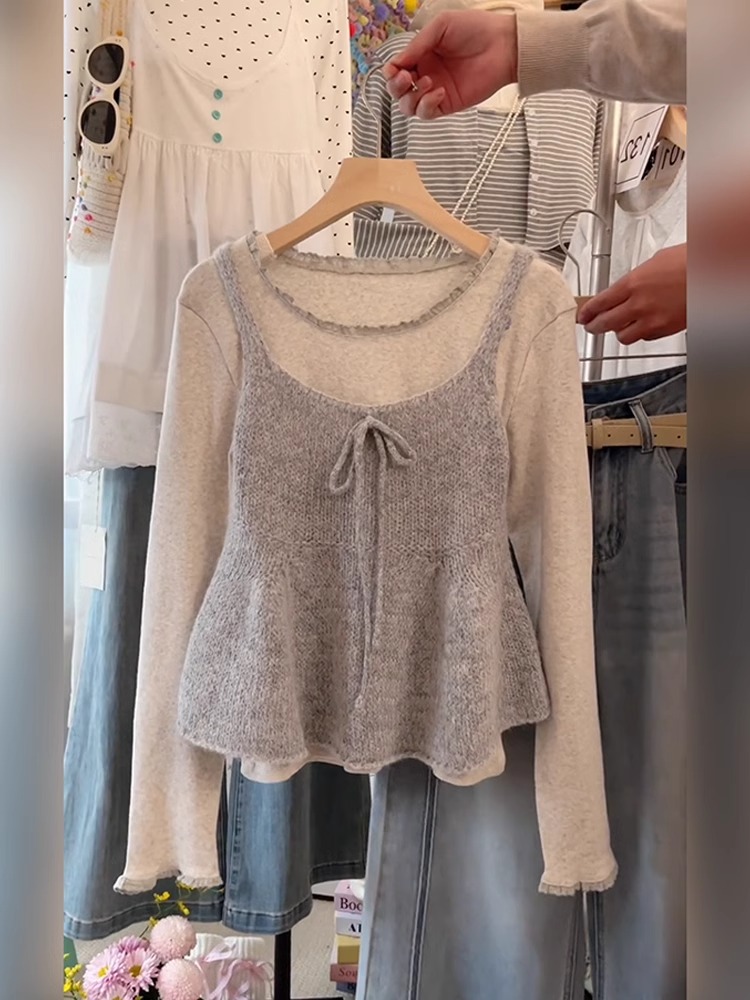 秋季新款韩系减龄少女风绣花长袖打底针织背心吊带2025叠穿两件套