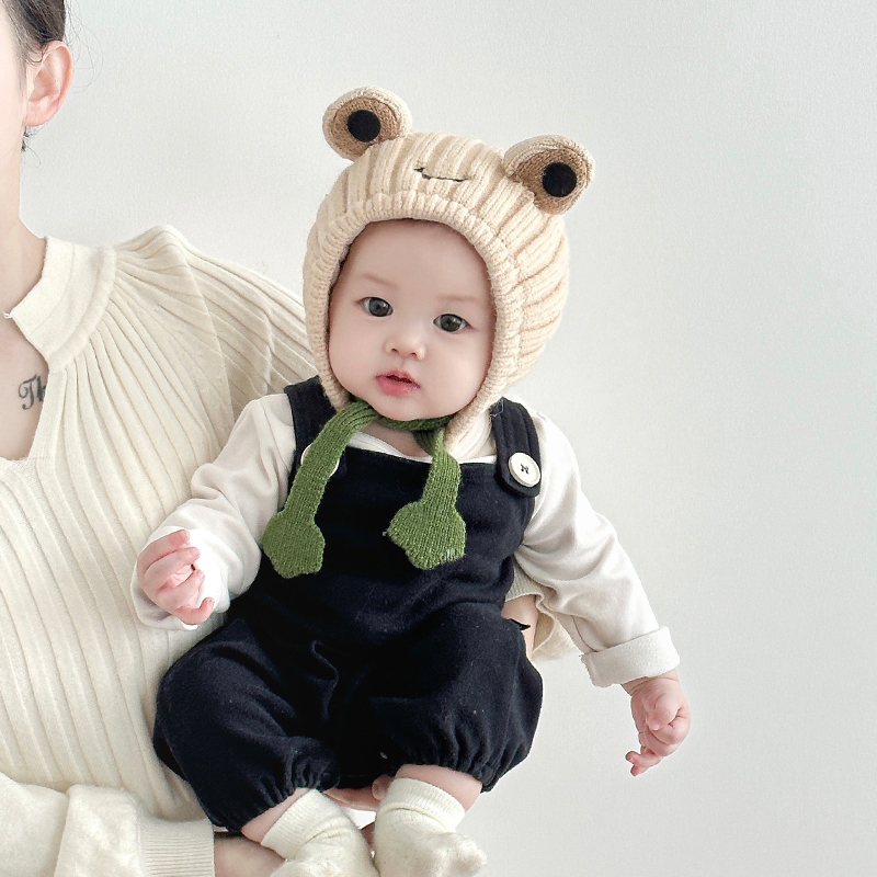 婴儿帽子秋冬季针织帽可爱超萌小青蛙护耳帽小月龄宝宝冬天毛线帽