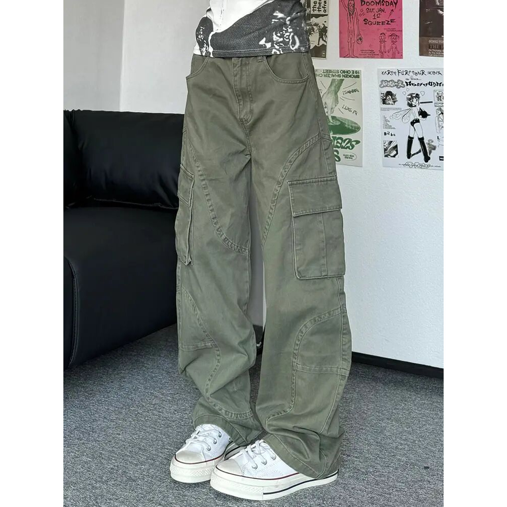 美式复古大口袋水洗军绿色工装裤男女款高街vibe直筒爆款阔腿裤子