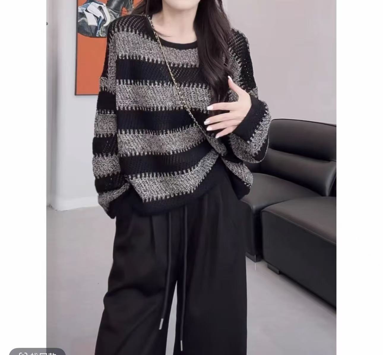 设计感撞色条纹圆领长袖毛衣女2025秋季新款落肩百搭休闲针织上衣