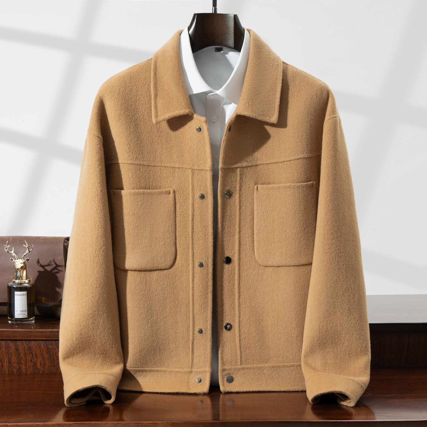 秋冬新款双面羊毛大衣男翻领夹克纯色短款落肩袖多口袋毛呢子外套