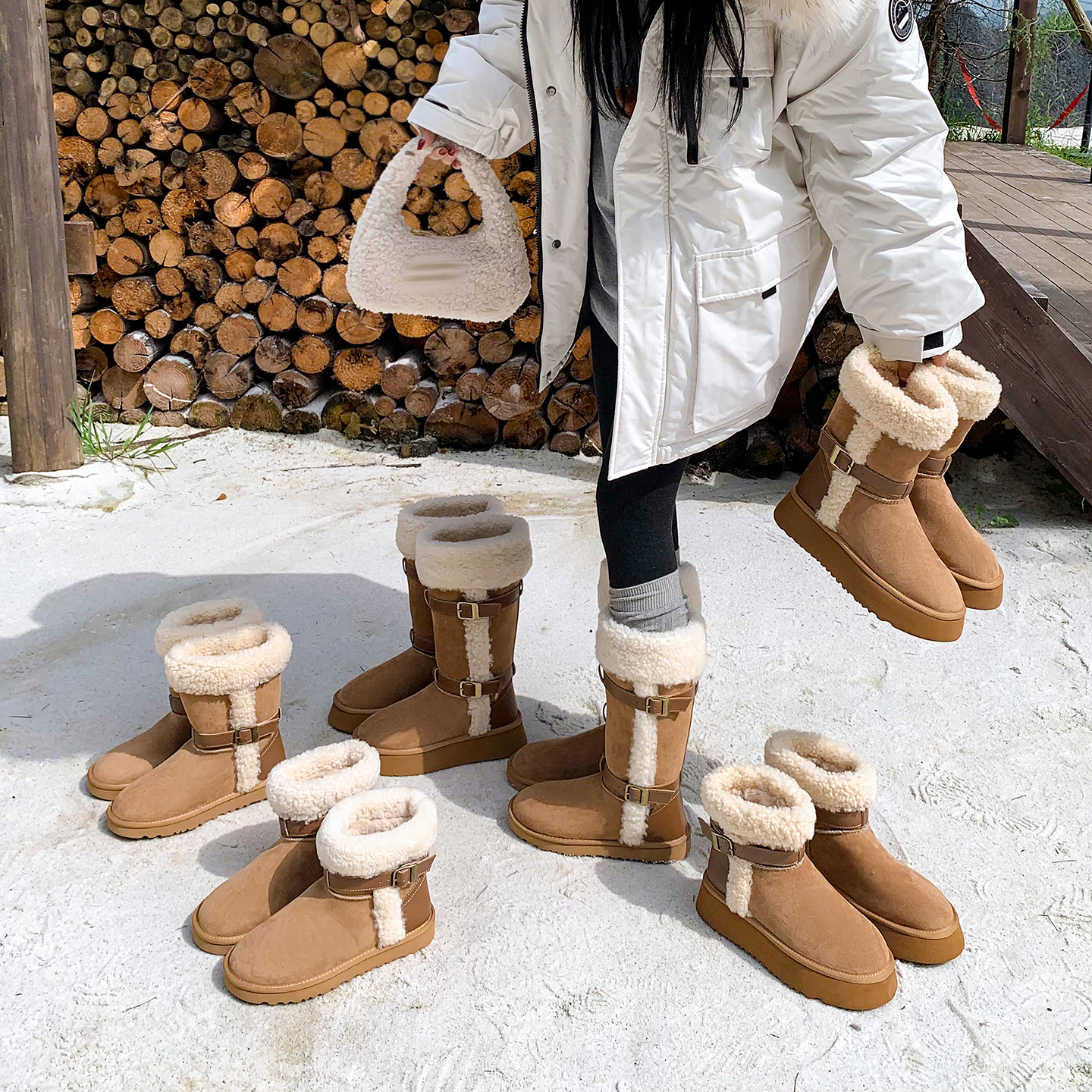 【青南兮】厚底雪地靴女冬季加厚毛短筒系带长筒靴东北保暖大棉鞋