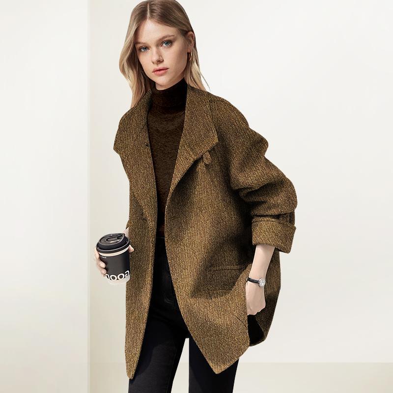 翻领双面毛呢外套女2024年冬装新款百搭小个子时尚宽松呢子大衣潮