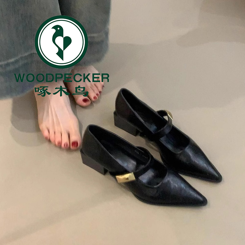 啄木鸟时尚小皮鞋女2025简约百搭通勤气质单鞋子尖头浅口玛丽珍鞋