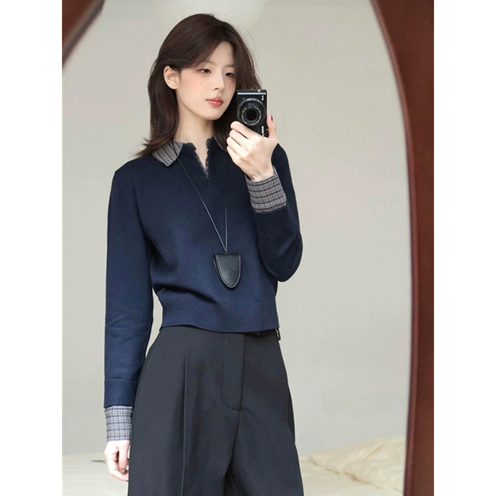 欧若风春秋显瘦藏蓝色翻领拼接修身针织春装女款2025年新款韩系女